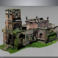 Ancient Ruined Red Brick Building Model Featuring Tower Arch Windows and Green Moss