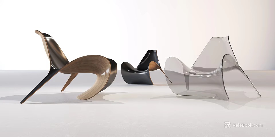Modern Stylish Single Chair Designs With Curved Shapes Wooden Black And Transparent Materials 3d model 