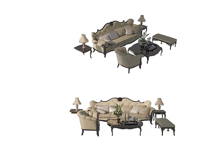 Elegant Classic Sofa and Coffee Table Set with Armchair Side Tables and Table Lamps 3d model