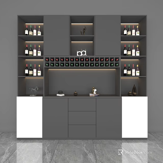 Modern Gray And White Wine Cabinet With Layered Shelves For Wine Bottles 3d model 
