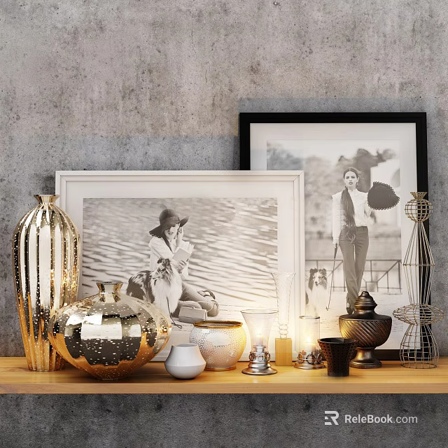 Decorative Ornament Set With Gold Vases Silver Candle Holders Photo Frames On Wooden Table 3d model 