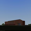 Modern Brown Office Building With Large Glass Windows And Green Lawn