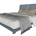 Modern Upholstered Double Bed with Blue Headboard White Sheets Gray Blanket and Pillows 3d model