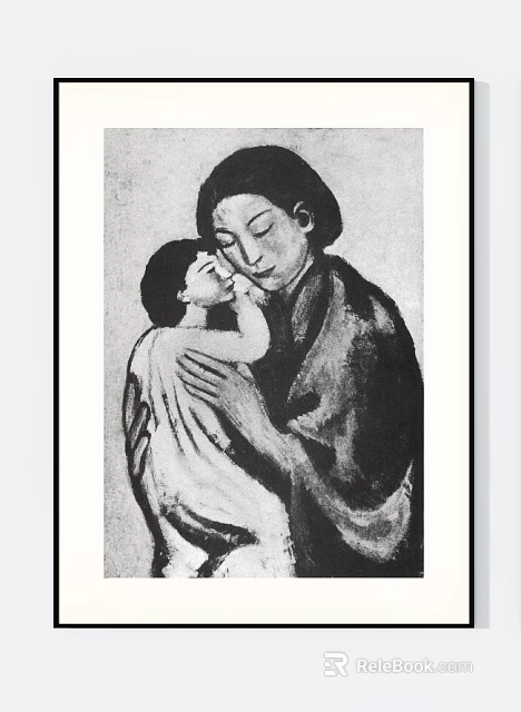 Black and White Mother and Child Figure Painting with Tender Embrace Scene 3d model 