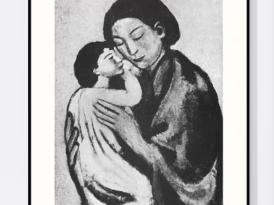Black and White Mother and Child Figure Painting with Tender Embrace Scene 3d model