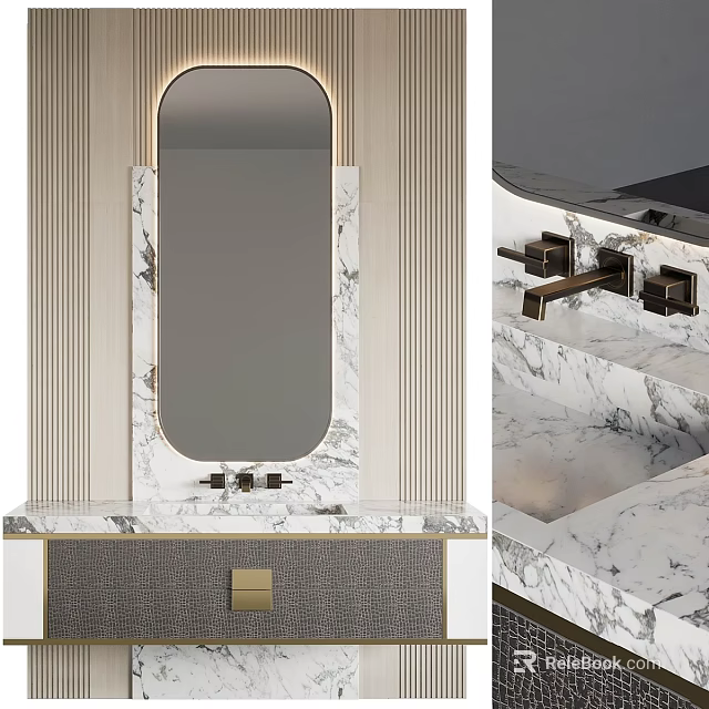 Modern Bathroom Vanity with Marble Countertop Brass Faucets and Oval Mirror 3d model 