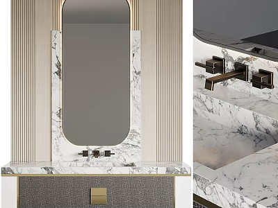 Modern Bathroom Vanity with Marble Countertop Brass Faucets and Oval Mirror 3d model