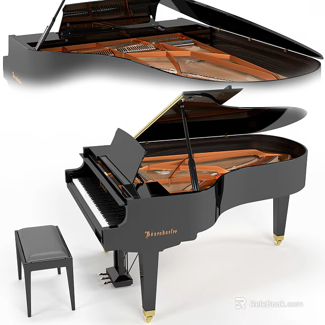 Elegant Black Grand Piano Musical Instrument With Tempered Design And Matching Stool 3d model 