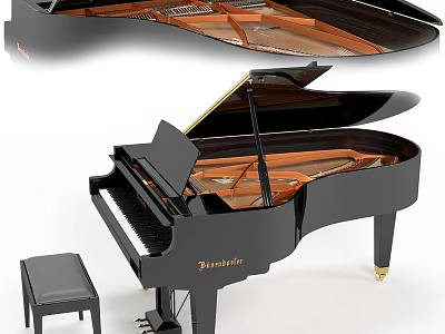 Elegant Black Grand Piano Musical Instrument With Tempered Design And Matching Stool 3d model