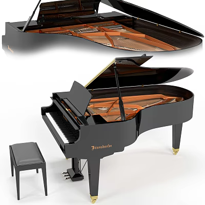 Elegant Black Grand Piano Musical Instrument With Tempered Design And Matching Stool 3d model