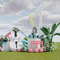 Cute Smiley Face And Yellow Umbrella Decor With White Flowers On Green Grass