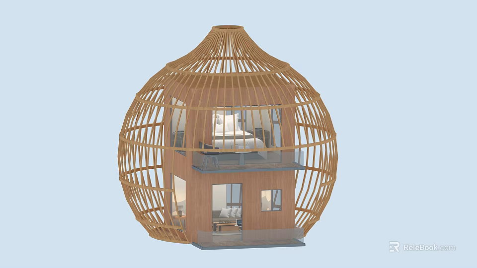 Bamboo Woven Spherical Guesthouse With Two Story Design And Large Windows 3d model 