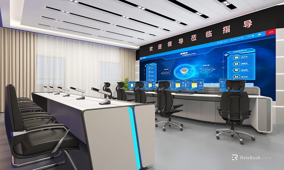 Advanced Modern Monitoring Room Interior With Control Consoles Multiple Screens And Workstations 3d model 