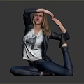 A Woman Doing Yoga Stretch In White Graphic Tee And Blue Pants