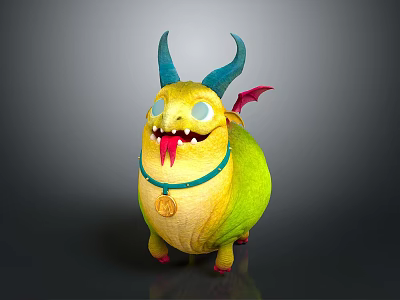 Fantasy Cartoon Creature With Yellow Green Body Blue Horns Red Wings Blue Collar Golden Pendant 3d model