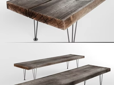 Rustic Wooden Bench With Long Distressed Seat And Thin Metal Legs 3d model