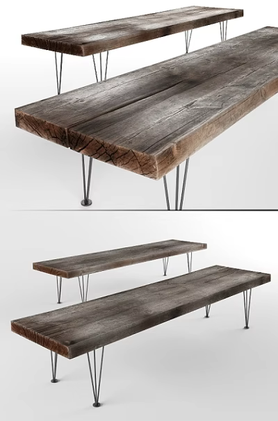 Rustic Wooden Bench With Long Distressed Seat And Thin Metal Legs 3d model