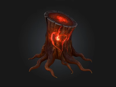 Wooden Stump with Red Glowing Heart Shape and Extended Roots 3d model