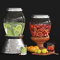 Clear Glass Drink Dispensers With Lime Strawberry Orange Fruits And Glass Cup