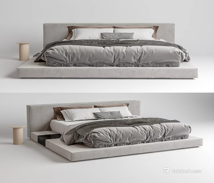 Modern Double Bed Design With Upholstered Headboard Gray Bedding And Side Table 3d model