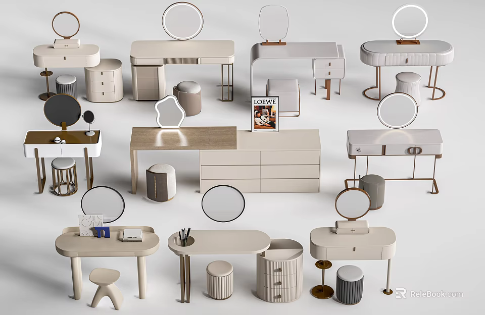 Modern Dressing Tables with Various Designs Round Mirrors Matching Stools and Storage Cabinets 3d model