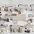 Modern Dressing Tables with Various Designs Round Mirrors Matching Stools and Storage Cabinets 3d model