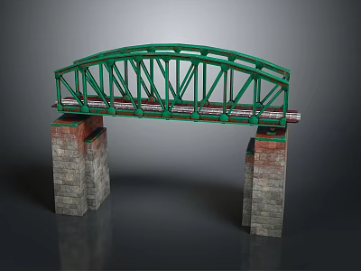 Green Iron Bridge Structure with Stone Brick Piers and Rail Tracks on Top 3d model