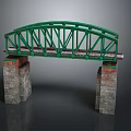 Green Iron Bridge Structure with Stone Brick Piers and Rail Tracks on Top