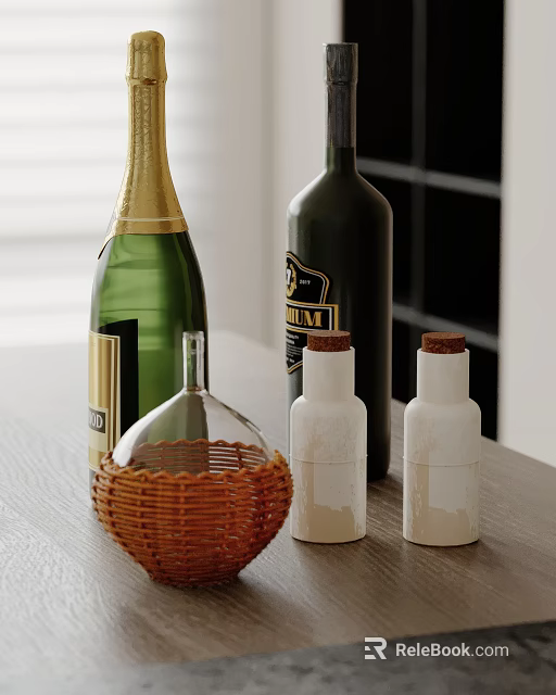 Decorative Ornament Set with Green Bottles Glass Cloche Woven Basket White Bottles and Cork Stoppers 3d model 