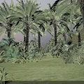 Tall Palm Trees Surrounded By Lush Green Plants In Tropical Garden