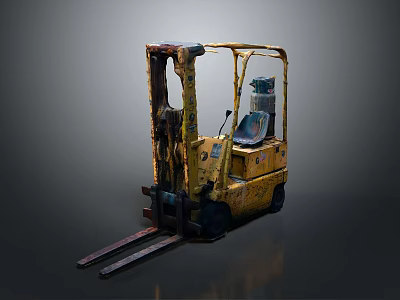 Yellow Vintage Rusty Forklift Featuring Front Forks and Operator Seat 3d model