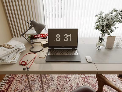 Desk Setup With Laptop Desk Lamp Books Headphones And Flower Vase On Rug 3d model