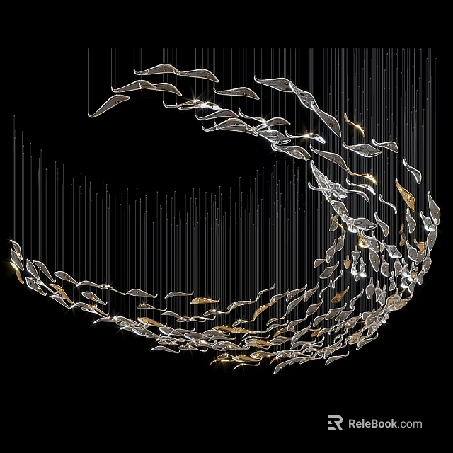 Elegant Fish Shaped Chandelier With Transparent And Gold Elements In Spiral Design 3d model 