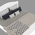 Modern Double Bed With White Headboard Black Beige Striped Pillows Beige Sheets And Checkered Blanket