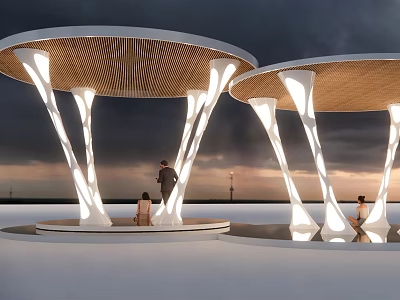 Mushroom Shaped Outdoor Rest Structures With Wooden Roofs And White Pillars 3d model