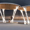 Mushroom Shaped Outdoor Rest Structures With Wooden Roofs And White Pillars