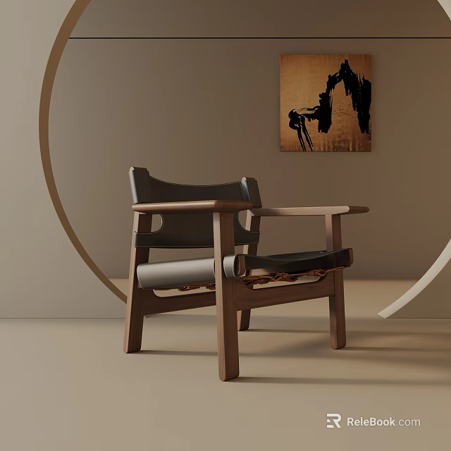 Modern Leisure Chair With Wooden Frame And Upholstered Seat In Minimalist Interior Space 3d model 