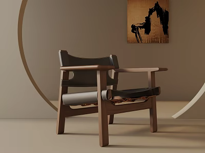 Modern Leisure Chair With Wooden Frame And Upholstered Seat In Minimalist Interior Space 3d model