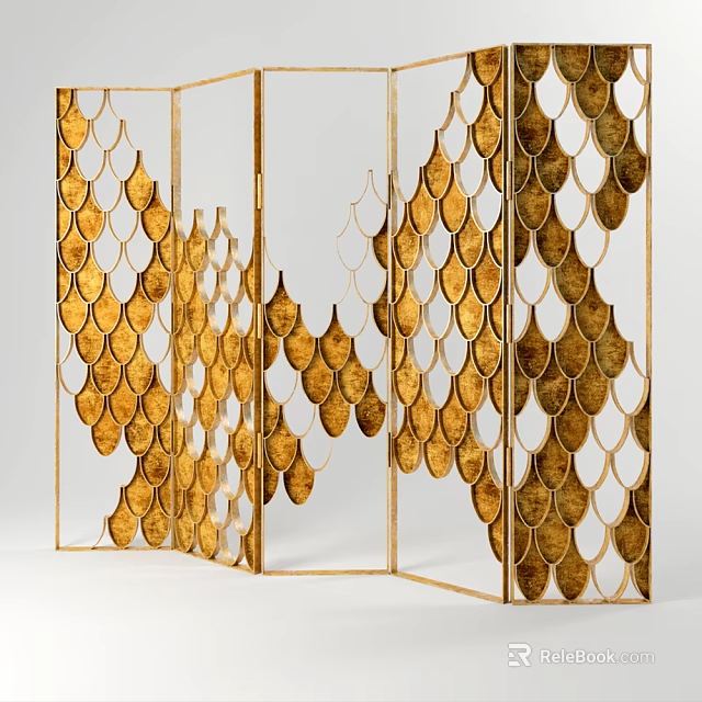 Golden Scale Pattern Metal Frame Modern Luxury Decorative Room Divider Screen 3d model