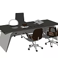 Modern Office Desk With Two Chairs Round Lamp Open Notebook And Coffee Mug