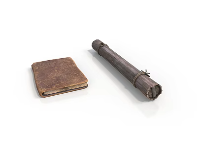 Vintage Leather Bound Old Notebook And Rolled Scroll Tied With String 3d model
