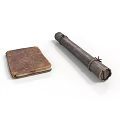 Vintage Leather Bound Old Notebook And Rolled Scroll Tied With String