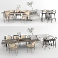 Modern Dining Table Set With Light Colored Chairs Black Stools And Marble Bar Counter 3d model
