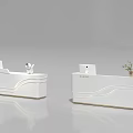 Sleek Modern Store Front Desk With White Curved Design Computer And Potted Plant