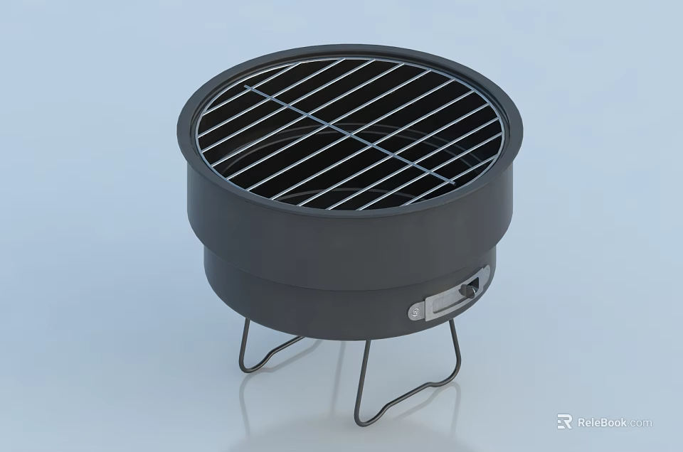 Black Round Portable Grill With Metal Legs And Grid Grate Design 3d model 