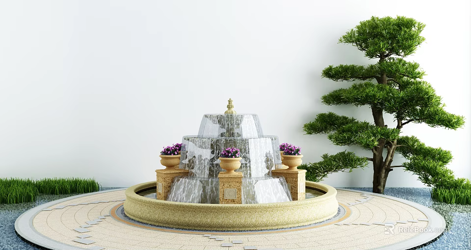 Garden Courtyard Design Featuring Tiered Fountain With Purple Flower Pots And Pine Tree 3d model 