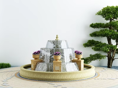 Garden Courtyard Design Featuring Tiered Fountain With Purple Flower Pots And Pine Tree 3d model