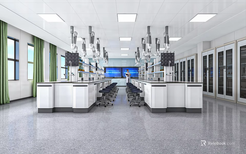 Modern Laboratory Interior Design With White Lab Benches Hanging Equipment And Ceiling Lights 3d model 