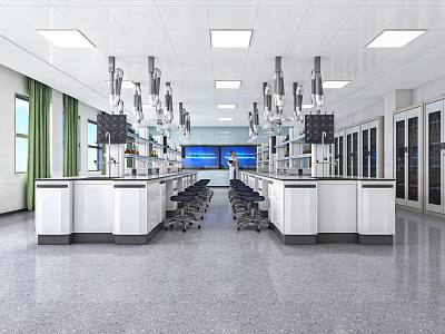Modern Laboratory Interior Design With White Lab Benches Hanging Equipment And Ceiling Lights 3d model