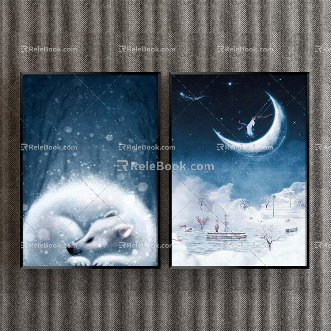 Nordic Animal Painting Blue Children's Room Cartoon Animation Cartoon White Fox Decorative Painting 3d model